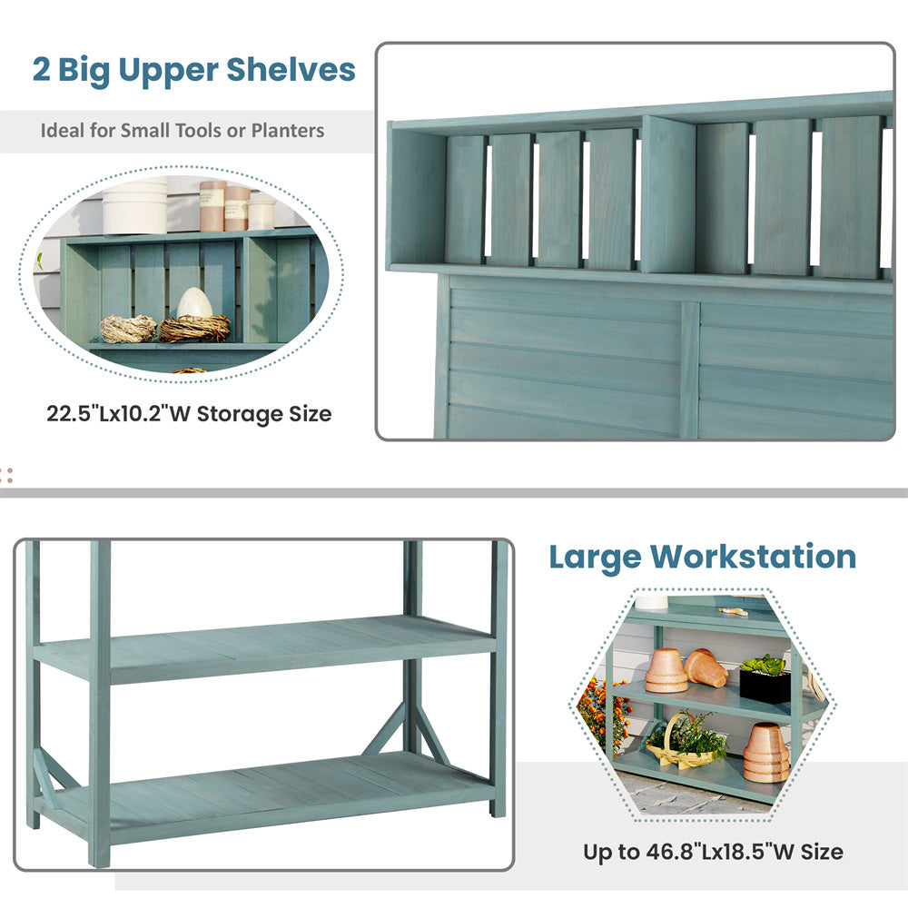 65" Outdoor Potting Bench Table, Farmhouse Wooden Garden Patio Workstation with 2 Upper Shelves, 2 Lower Shelves and 3 Side Hooks Multifunctional Work Bench Planting Table for Backyard Mudroom Natural