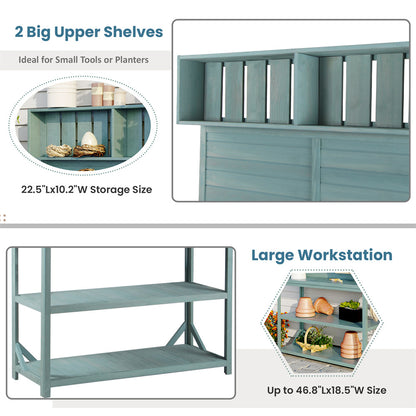 65" Outdoor Potting Bench Table, Farmhouse Wooden Garden Patio Workstation with 2 Upper Shelves, 2 Lower Shelves and 3 Side Hooks Multifunctional Work Bench Planting Table for Backyard Mudroom Natural
