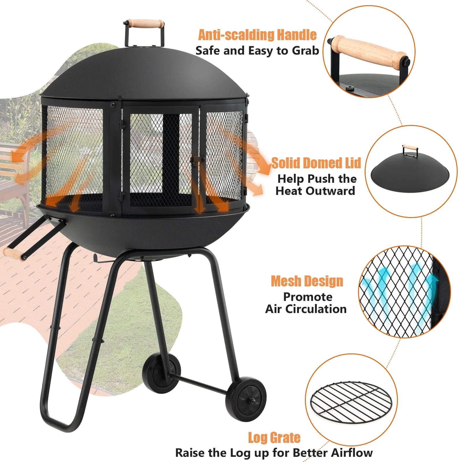 Topbuy Portable Fire Pit w/Wheels 28" Wood Burning Fire Pit w/Log Grate Poker Rolling Patio Fireplace Bonfire Firepit for Outdoor Entertaining