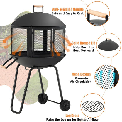 Topbuy Portable Fire Pit w/Wheels 28" Wood Burning Fire Pit w/Log Grate Poker Rolling Patio Fireplace Bonfire Firepit for Outdoor Entertaining