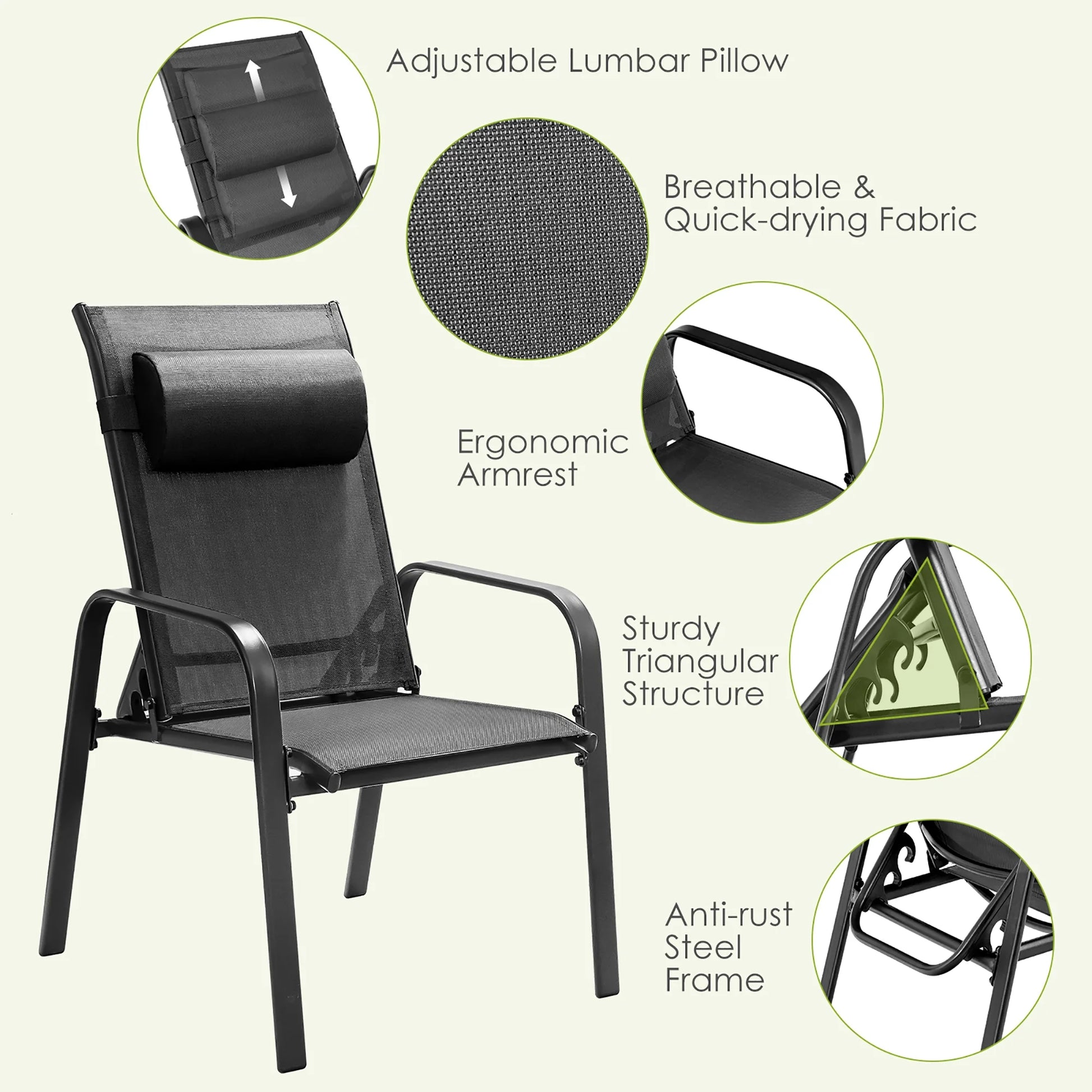 Costway 3PCS Patio Bistro Furniture Set Adjustable Back Stackable Chairs Black