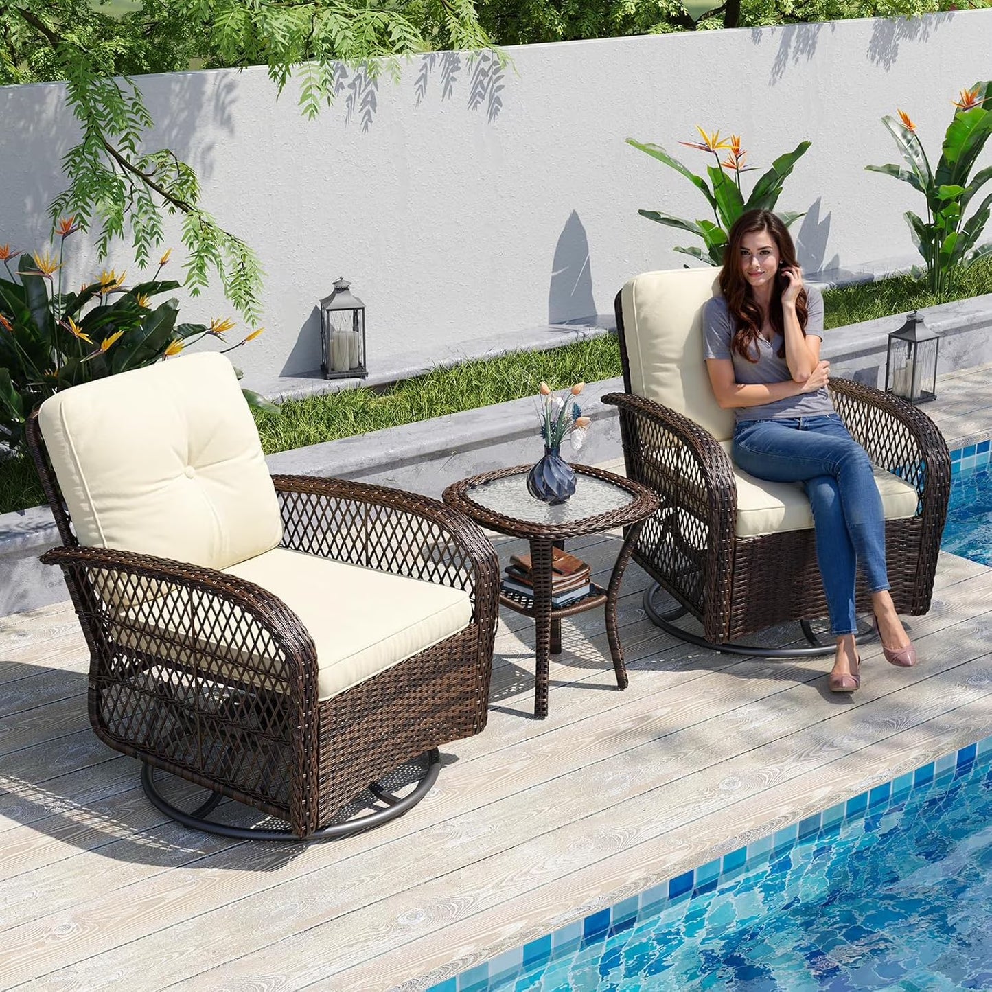 Aoxun 3 Pieces Patio Furniture Set, Patio Swivel Rocker Chairs Set of 2, Wicker Outdoor Bistro Set with Rocking Chair, Thickened Cushions and Table for Porch (Red)