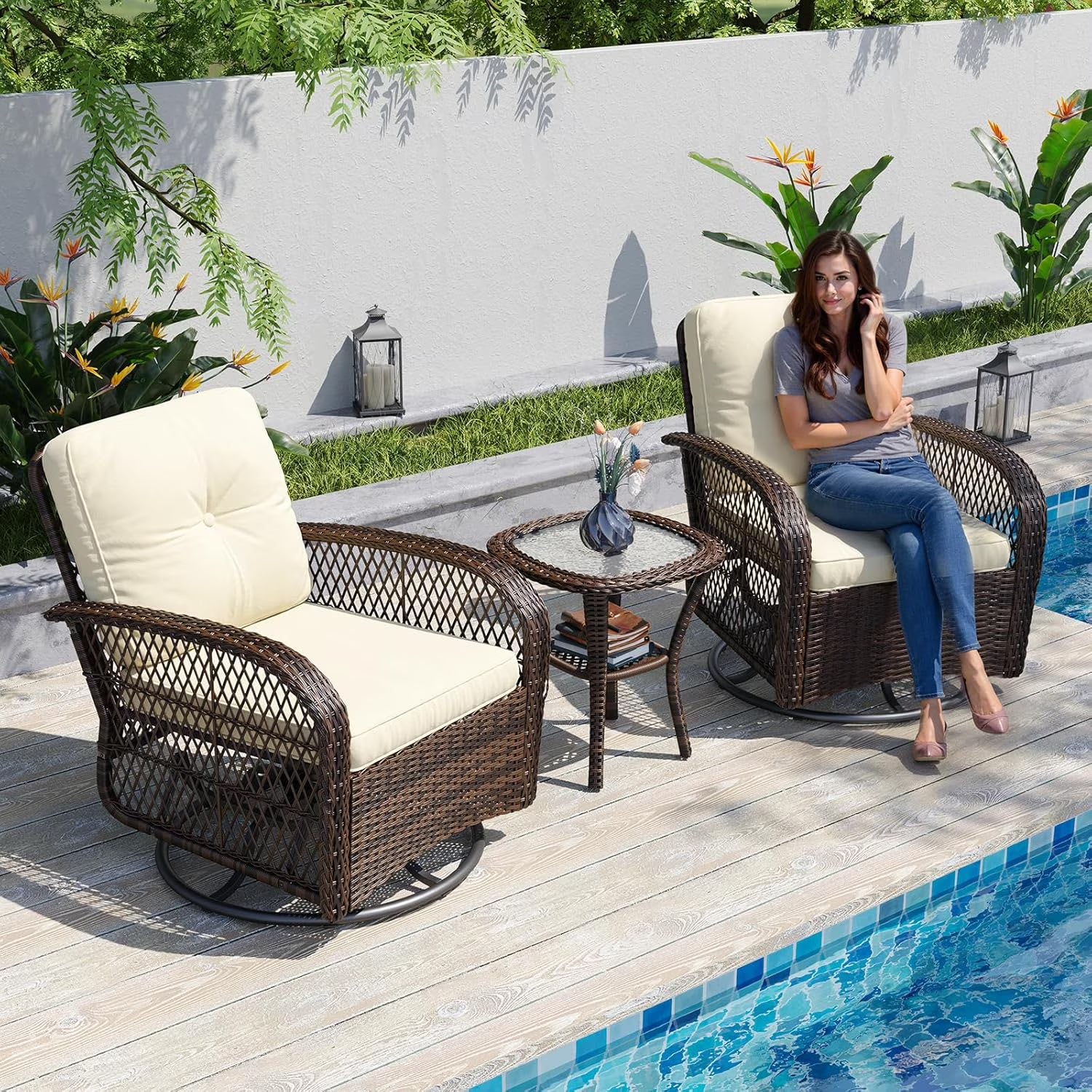 Aoxun 3 Pieces Patio Furniture Set, Patio Swivel Rocker Chairs Set of 2, Wicker Outdoor Bistro Set with Rocking Chair, Thickened Cushions and Table for Porch (Red)