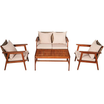 Barara King Outdoor Collection Set, Patio Conversation Table Chair Set, 4 Piece Acacia Wood Patio Rattan Furniture Set-Brown