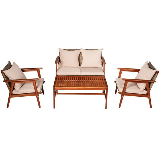 Barara King Outdoor Collection Set, Patio Conversation Table Chair Set, 4 Piece Acacia Wood Patio Rattan Furniture Set-Brown