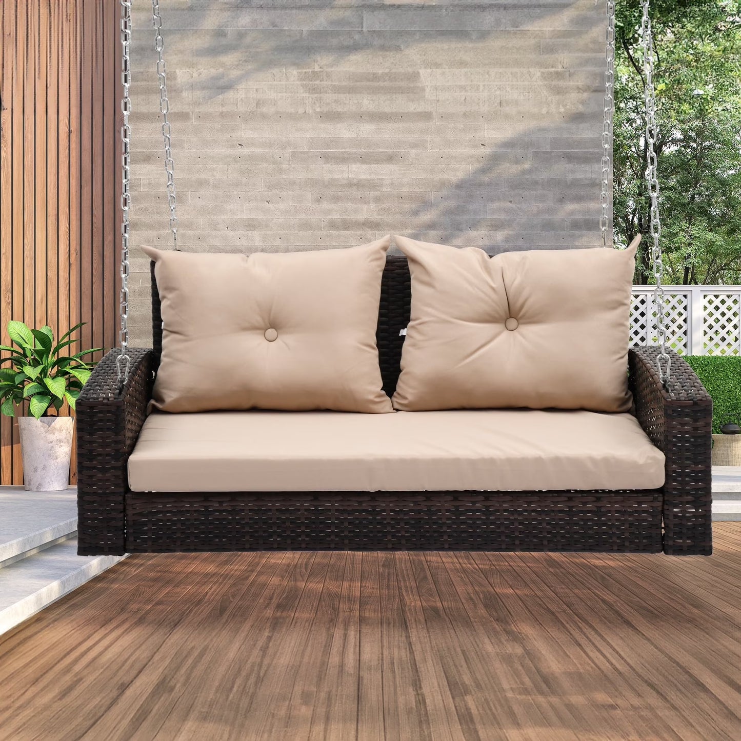 Dextrus Wicker Hanging Porch Swing Chair Outdoor Brown Rattan Patio Swing Lounge w/2 Back Cushions Capacity 530lbs for Garden, Balcony, Living Room, Beige