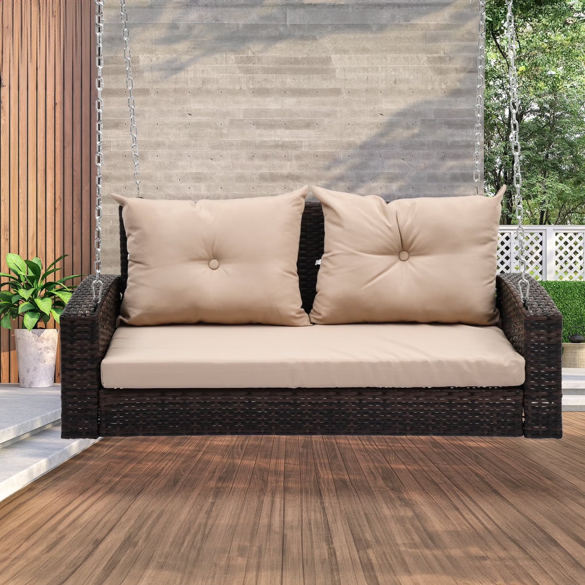 Dextrus Wicker Hanging Porch Swing Chair Outdoor Brown Rattan Patio Swing Lounge w/2 Back Cushions Capacity 530lbs for Garden, Balcony, Living Room, Beige