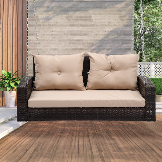 Dextrus Wicker Hanging Porch Swing Chair Outdoor Brown Rattan Patio Swing Lounge w/2 Back Cushions Capacity 530lbs for Garden, Balcony, Living Room, Beige