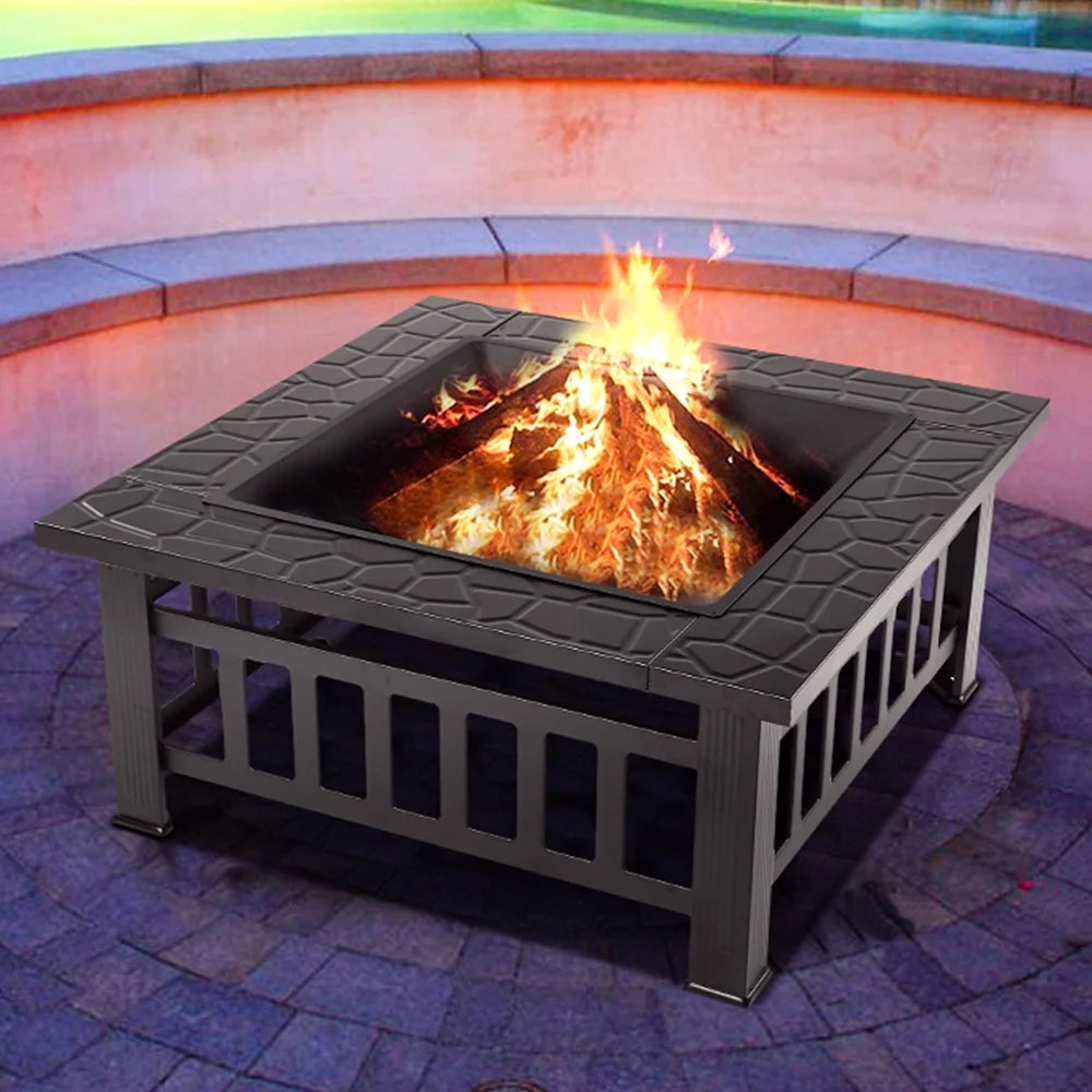 Wood Burning Fire Pits for Outside, 32" Square Iron Fire Pit Backyard Patio Garden Stove Wood Burning Fire Pit w/Mesh Screen Lid, Wood Grate, Poker, Durable Fire Pit, Q5946