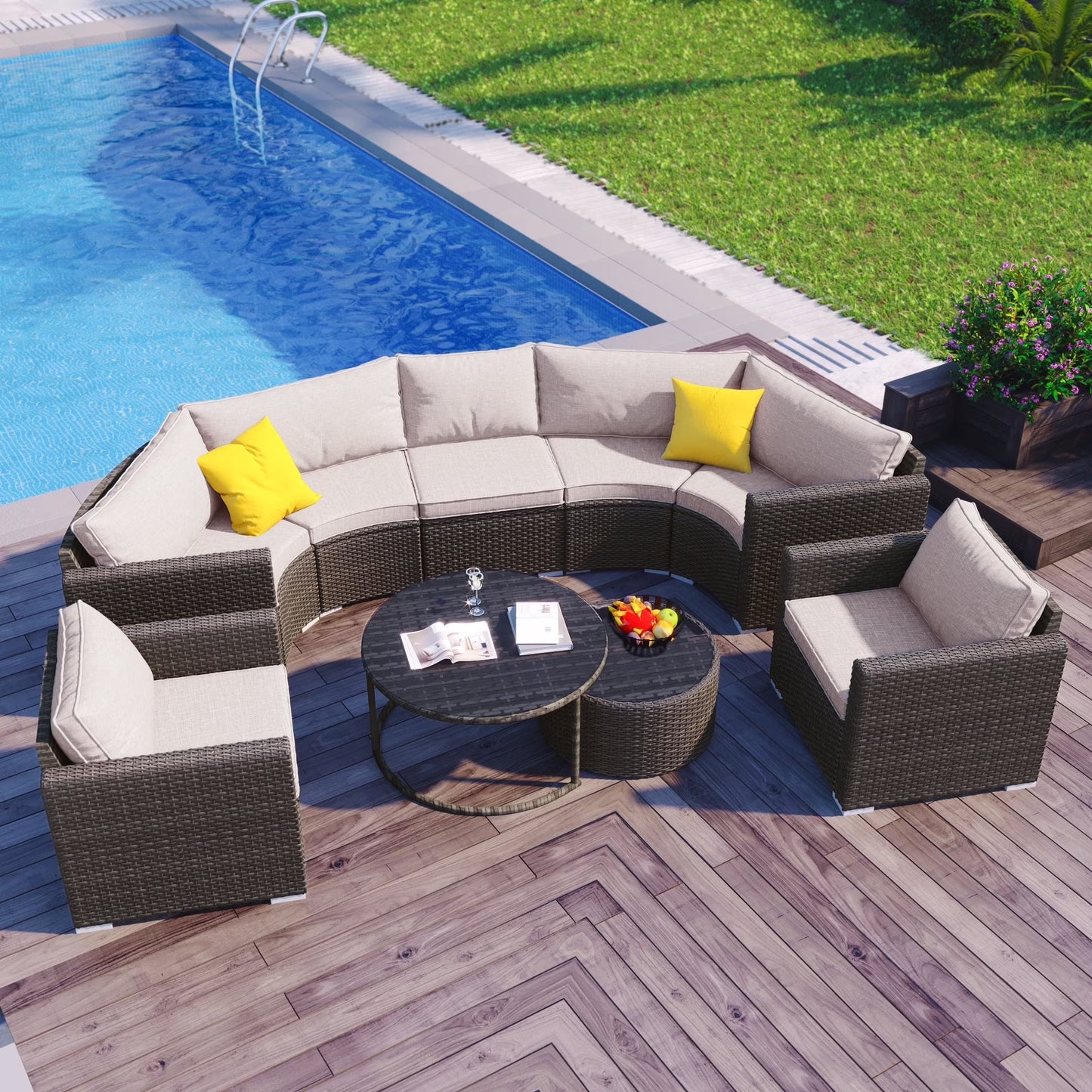 7 Pieces Patio Furniture Set, Wicker Sectional Table and Chairs Sets, Patio Conversation Set with Sectional Chaise Longue, Coffee Table, Suitable for Porch Backyard Garden, Beige