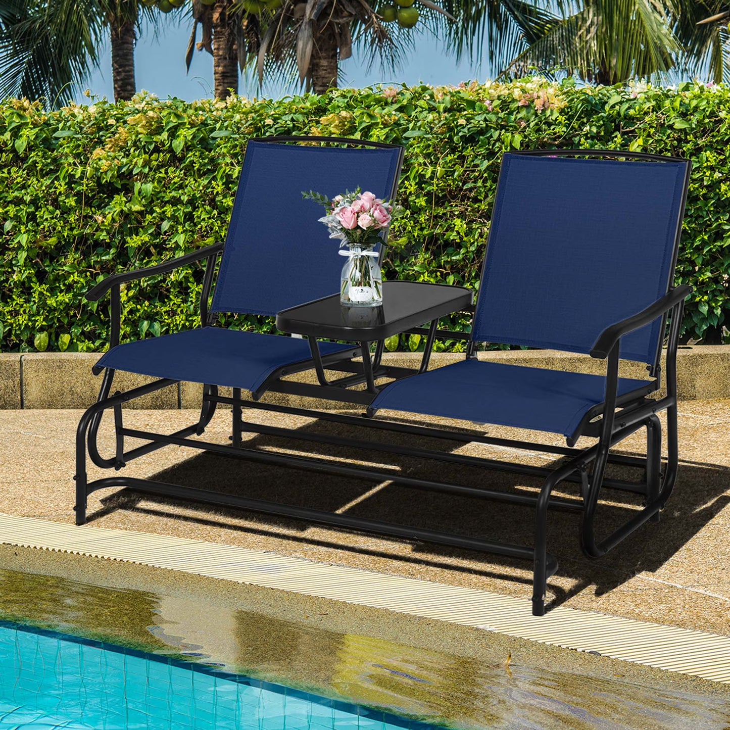 Costway 2 Person Outdoor Patio Double Glider Chair Loveseat Rocking Brown