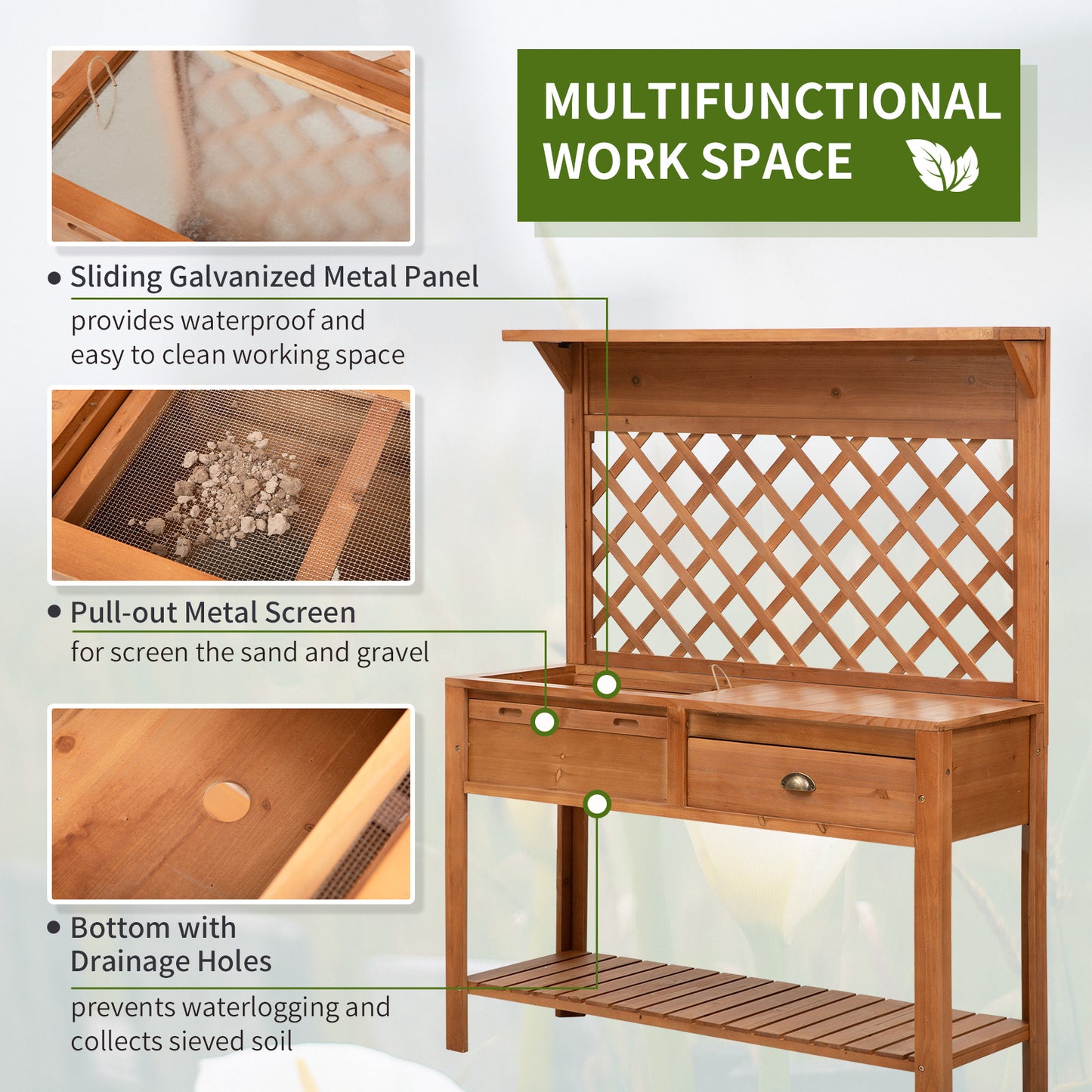 Outsunny Garden Potting Bench, Outdoor Wooden Workstation Table w/Metal Screen, Drawer, Hooks, Storage Shelf, and Lattice Back for Patio and Porch