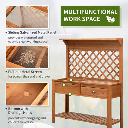 Outsunny Garden Potting Bench, Outdoor Wooden Workstation Table w/Metal Screen, Drawer, Hooks, Storage Shelf, and Lattice Back for Patio and Porch