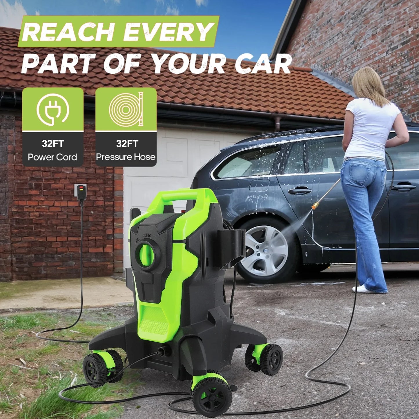Electric Pressure Washer, 4000PSI Max. 2.8 GPM Power Washer w/32 ft Hose and 32 ft Power Cord, 4 Quick Connect Nozzles, 4 Wheels, Foam Cannon, Suitable For Clean Cars, Patios, Driveways