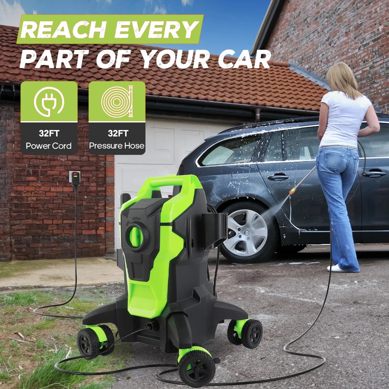 Electric Pressure Washer, 4000PSI Max. 2.8 GPM Power Washer w/32 ft Hose and 32 ft Power Cord, 4 Quick Connect Nozzles, 4 Wheels, Foam Cannon, Suitable For Clean Cars, Patios, Driveways
