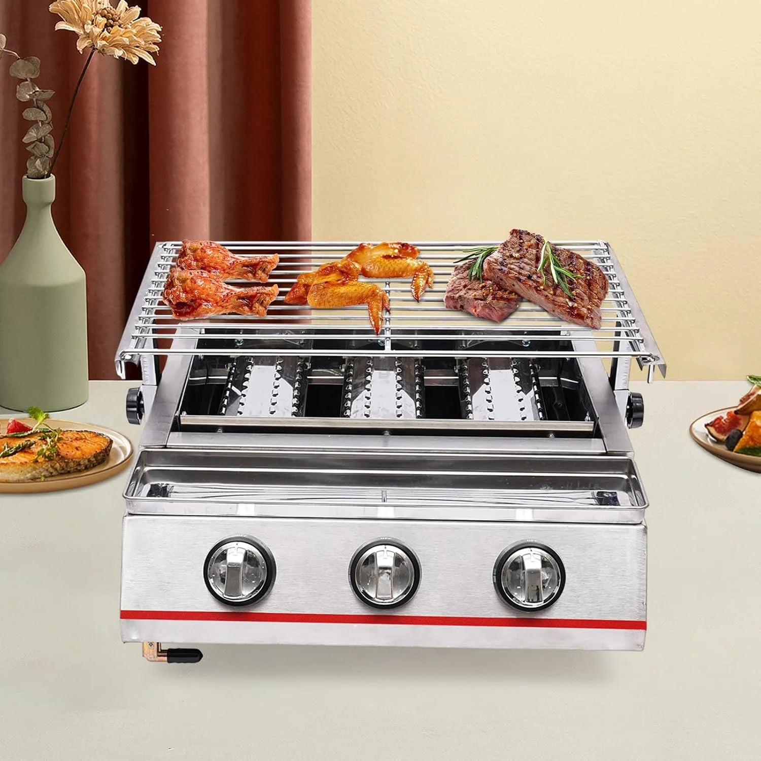Outdoor Portable Gas Grill,3-Burner Outdoor BBQ Tabletop Cooker,Efficient Heating Gas Grill with Vertical Cooking Stainless Steel LPG Barbecue Perfect for Patio Garden Picnic Backyard Barbecue