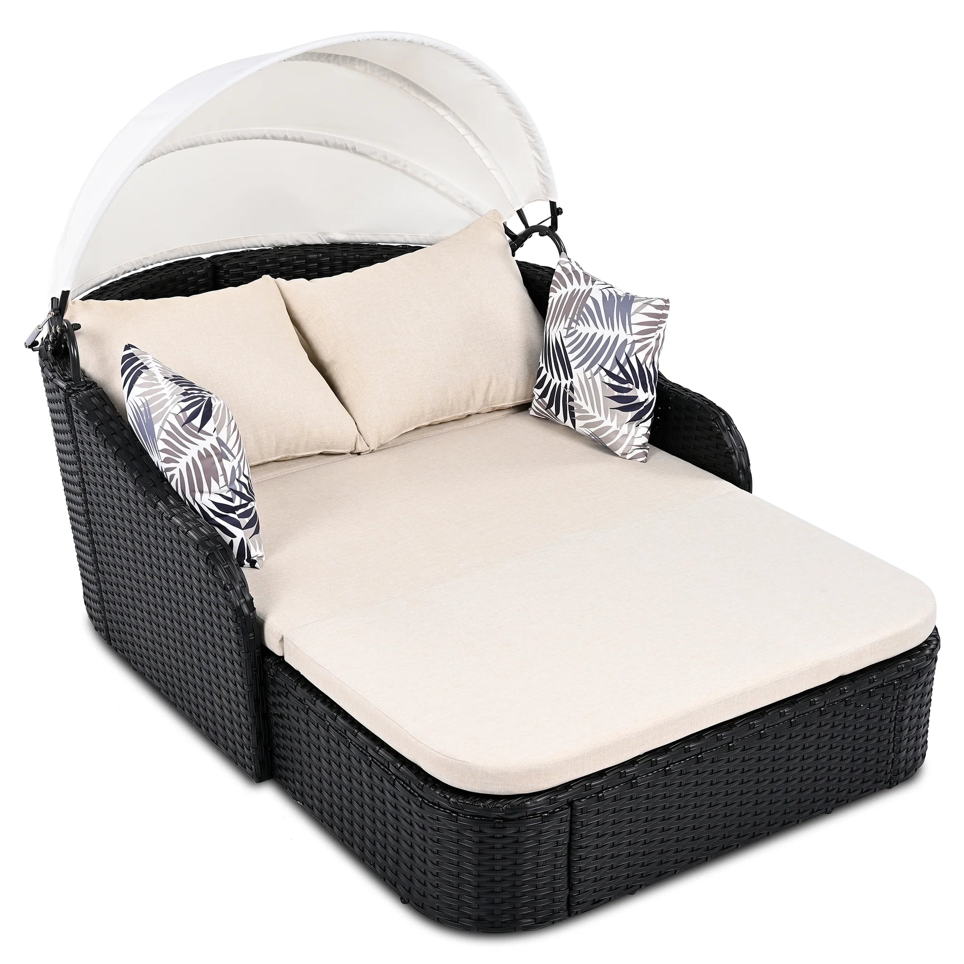 Harper & Bright Designs Rattan Outdoor Double Lounge Chaise 2-Person PE Wicker Outdoor Patio Sunbed with Canopy Cover for Backyard Garden Balcony, Beige+Black