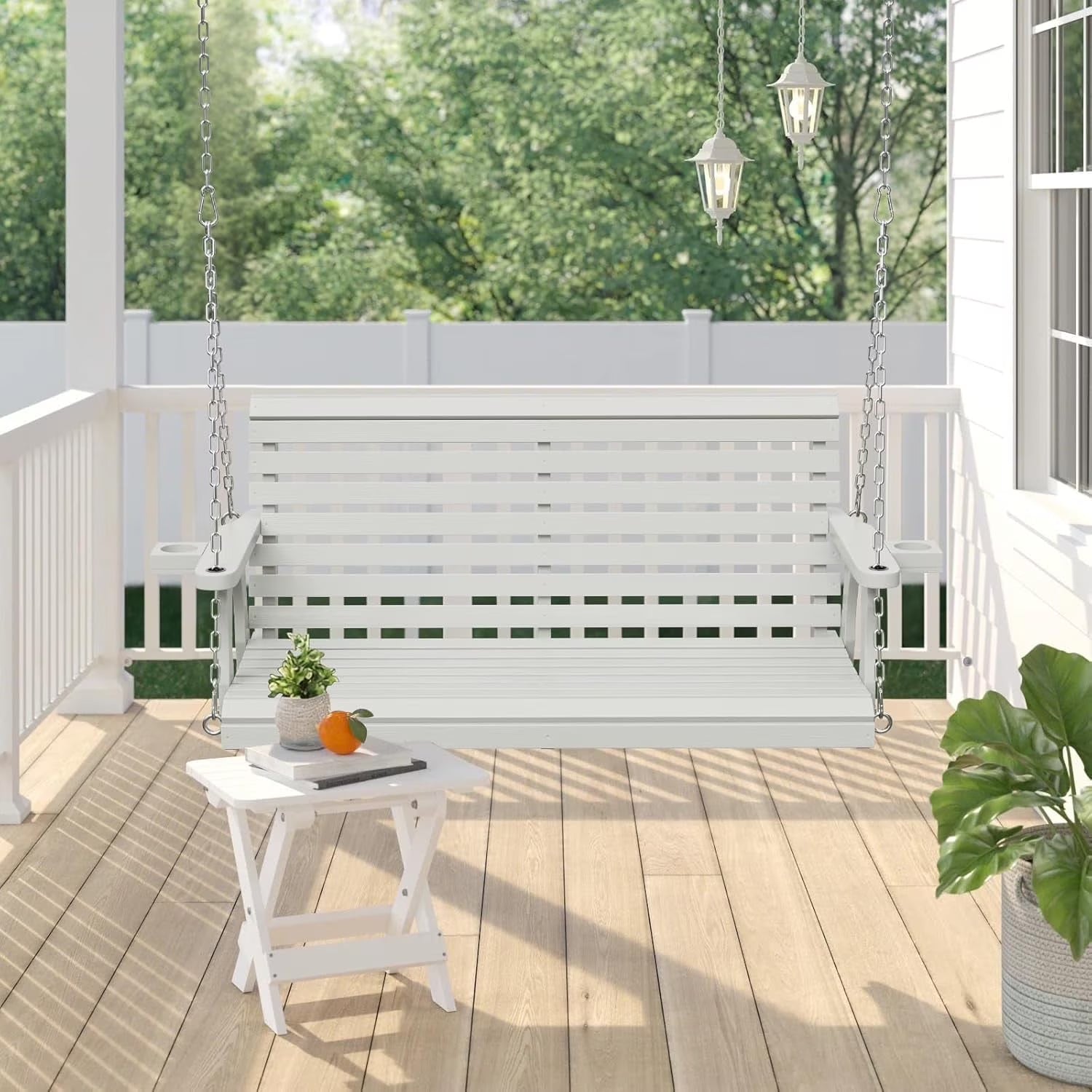 SOLAURA 2 Seat Outdoor Wooden Porch Swing with Cup Holders, Hanging Patio Swing with Hanging Chains, Swing Bench Chair for Backyard Garden Balcony, 440lbs Weight Capacity, Brown