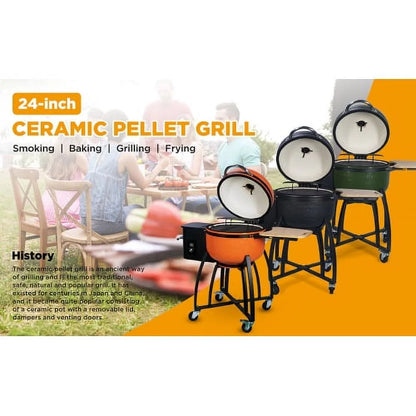 24 "Ceramic Pellet Grill with 19.6" diameter Gridiron Double Ceramic Liner 4-in-1 Smoked Roasted BBQ Pan-roasted for Outdoors Patio,Black