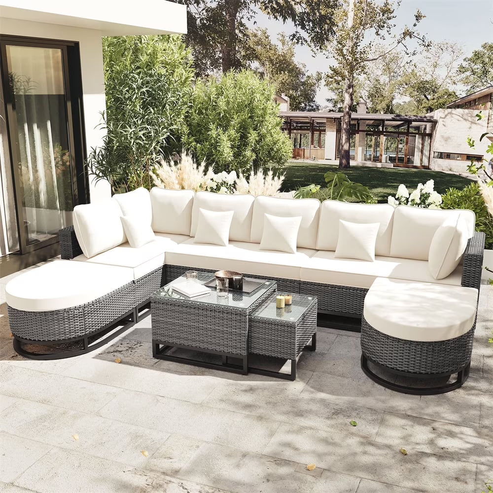 8 Pieces Outdoor Wicker Round Furniture Set, All Weather Half-Moon Sectional Patio Sofa Sets with Rectangular Coffee Table, Beige