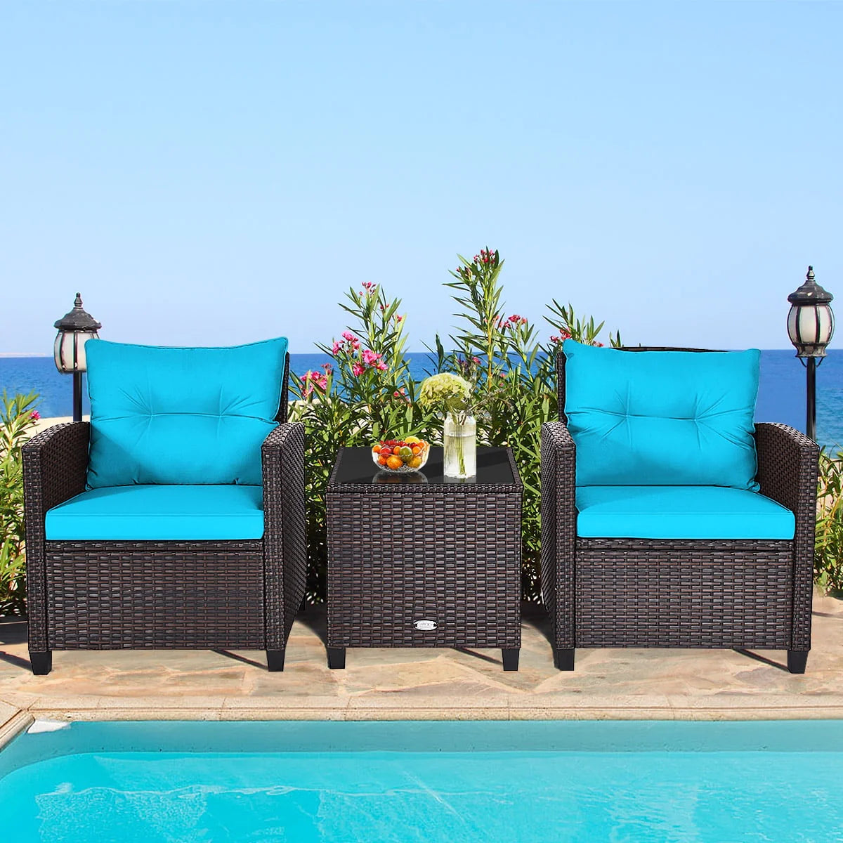 Patiojoy 3 Pieces Wicker Cushioned Conversation Set Outdoor Rattan Furniture with Turquoise Cushions