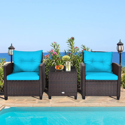 Patiojoy 3 Pieces Wicker Cushioned Conversation Set Outdoor Rattan Furniture with Turquoise Cushions