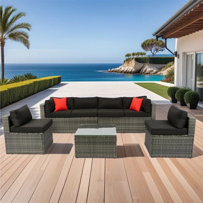 7 Piece Patio Furniture Sets Outdoor Sectional PE Rattan Outdoor Furniture Patio Conversation Set with Cushions and Glass Coffee Table, for Balcony Lawn and Garden, Gray