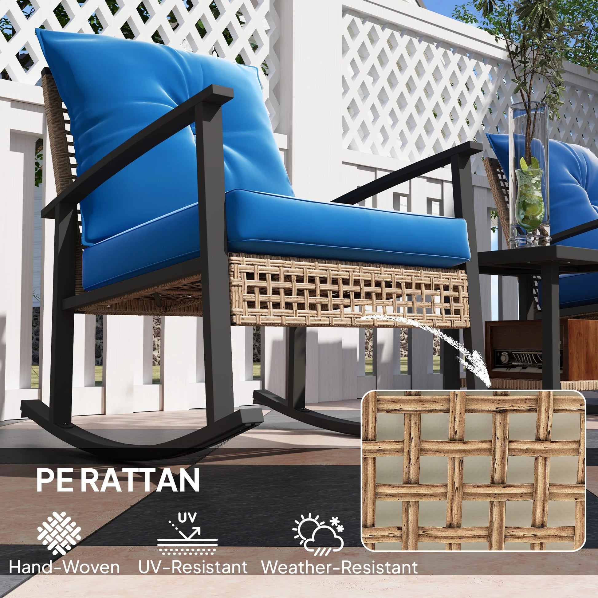 Outsunny 3 Pieces Patio Bistro Set, Wicker Furniture Set with Button Tufted Cushions, Rattan Rocking Chairs and Coffee Table, Dark Blue