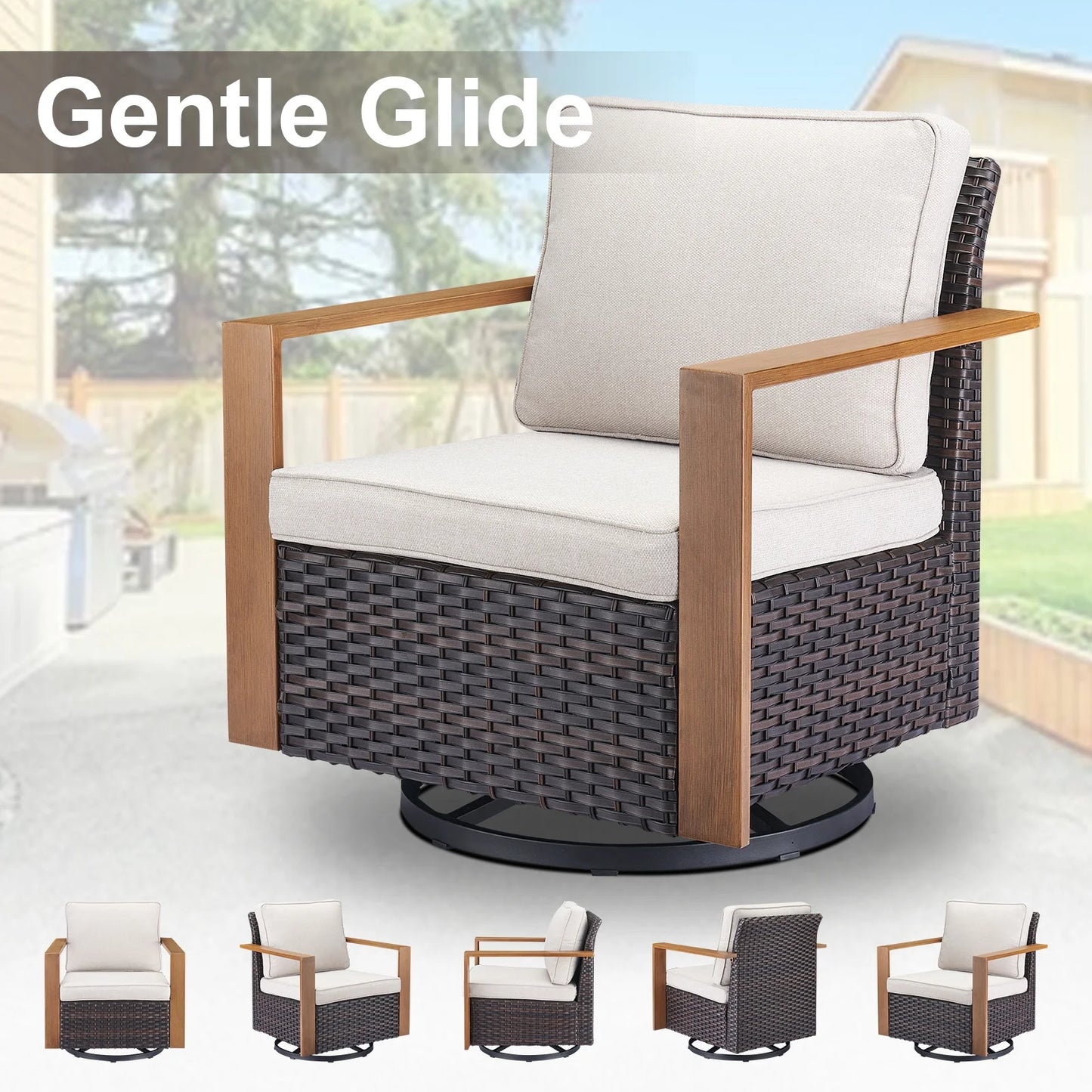 POCASSY 5PCS Patio Furniture Set with Sofa, Swivel Chair and Ottoman, All Weather Wicker Conversation Set Outdoor Seating Group for Pool, Backyard, Garden, Brown Wicker Beige Cushion