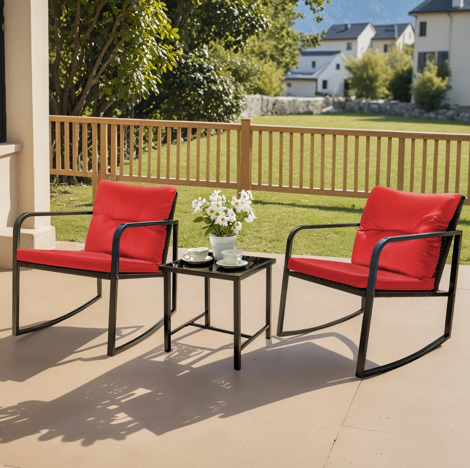 Devoko 3 Pieces Rocking Patio Furniture Sets Outdoor Rocking Chair PE Rattan Bistro Rocker Conversation Sets with Coffee Table for Garden, Beige