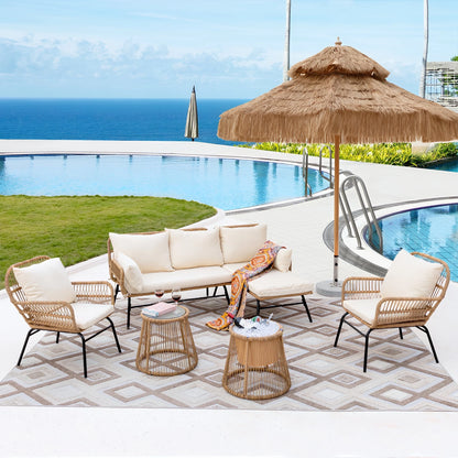 RADIATA 6-Piece Boho Patio Furniture Set, Outdoor Wicker Sectional Sofa Conversation Set with Ice Bucket & Coffee Table, 500lbs Capacity, Beige