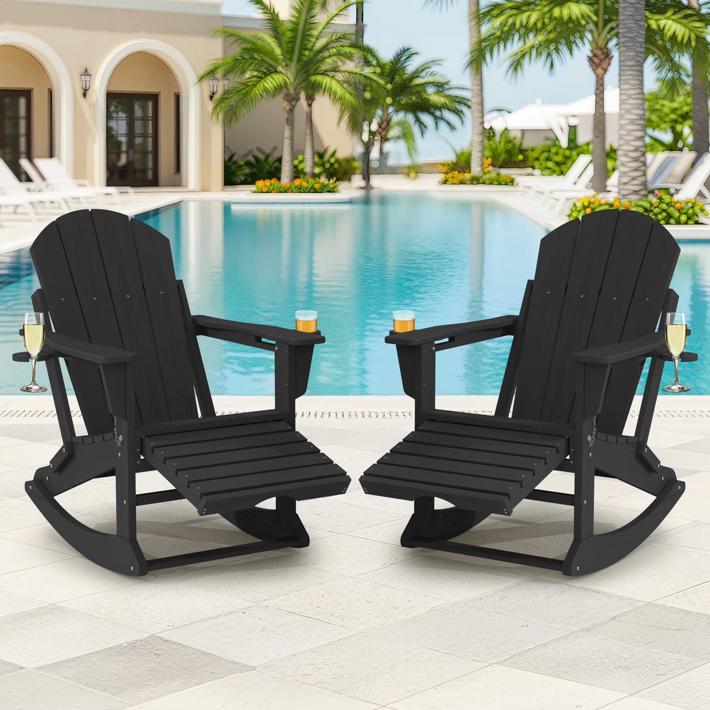 KINGYES Folding Adirondack Rocker Chair Set of 2 W/Footrest & Dual Cup Holders, HDPE Outdoor Patio Rocking Chair, Black
