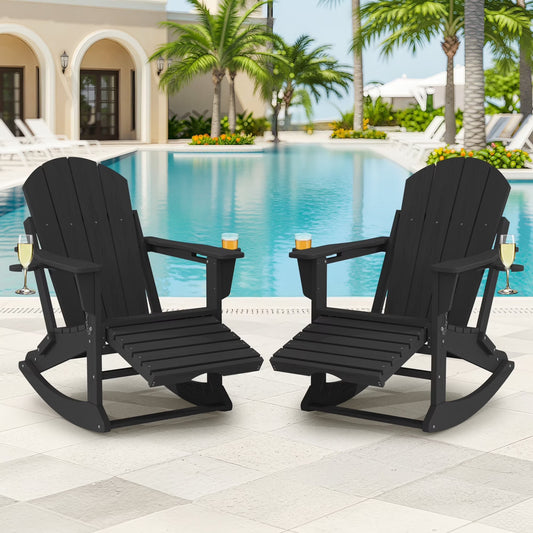 KINGYES Folding Adirondack Rocker Chair Set of 2 W/Footrest & Dual Cup Holders, HDPE Outdoor Patio Rocking Chair, Black