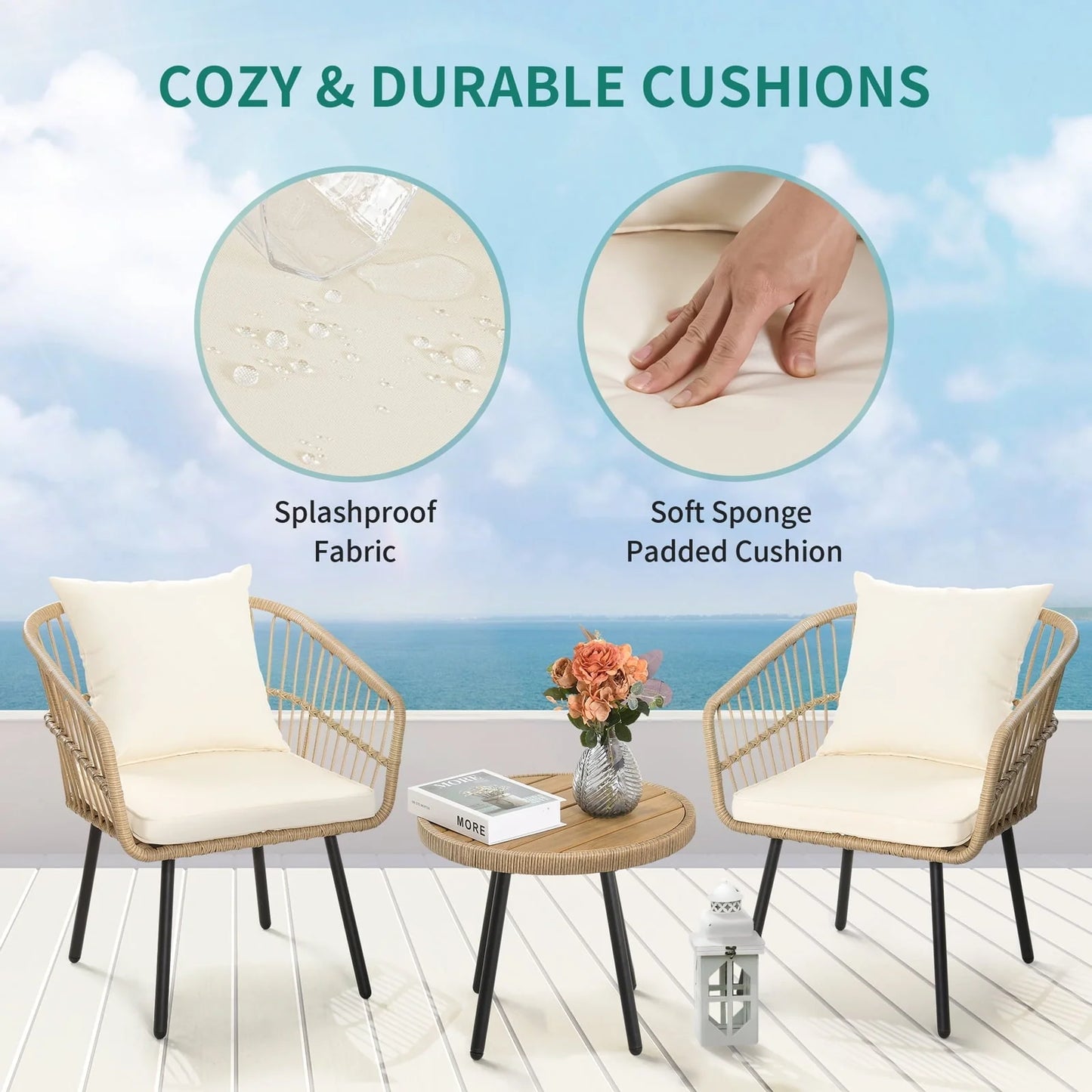DEXTRUS 3-Piece Outdoor Patio Furniture Wicker Bistro Set with Soft Cushions