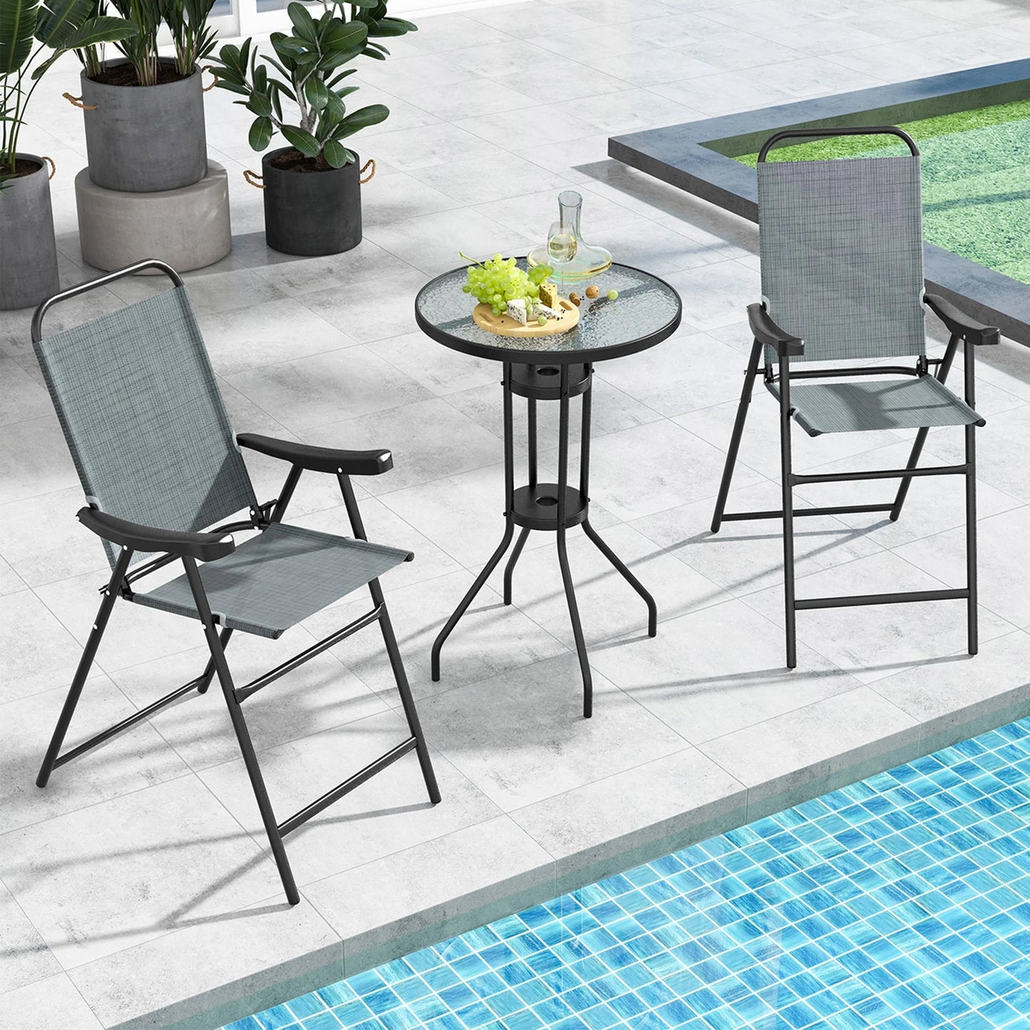 Costway 2 PCS Patio Bar Chair Folding Bar Height Metal Frame with Footrest Garden Blue