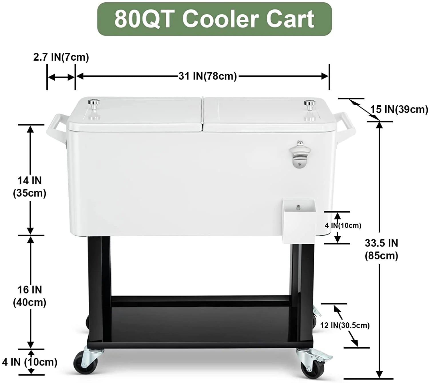 80 Quart Rolling Cooler Cart Ice Chest for Outdoor Patio Deck Party Portable Party Bar Cold Drink Beverage Cart Tub, Backyard Cooler Trolley on Wheels with Shelf, Bottle Opener White