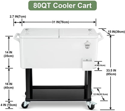 80 Quart Rolling Cooler Cart Ice Chest for Outdoor Patio Deck Party Portable Party Bar Cold Drink Beverage Cart Tub, Backyard Cooler Trolley on Wheels with Shelf, Bottle Opener White