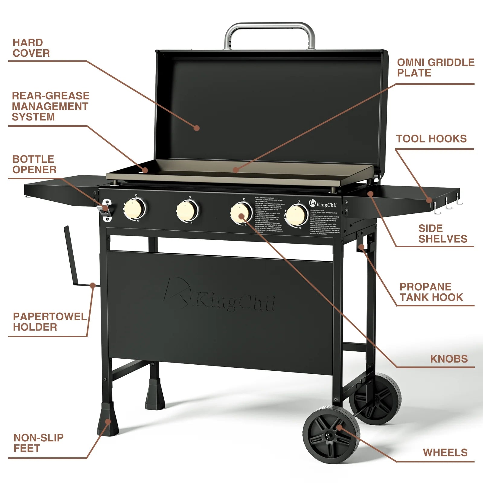 KingChii 4-Burner 32" Propane Griddle Outdoor Flat Top Gas Grill Griddle with Hard Cover for Camping, Tailgating, BBQ, Parties, Backyard & Patio