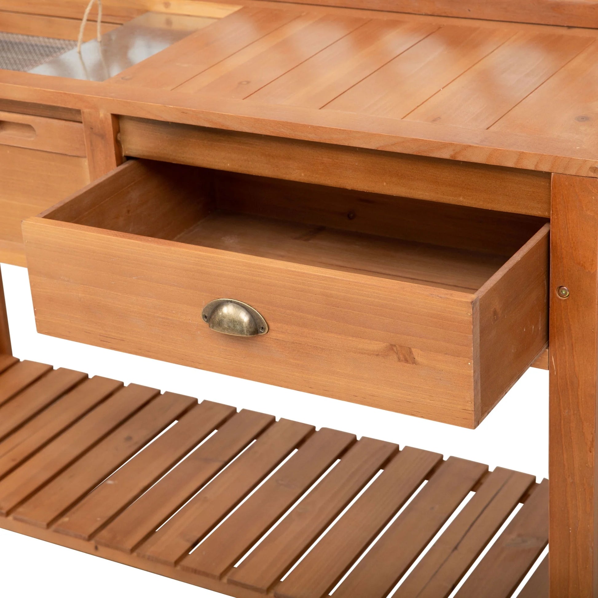Outsunny Garden Potting Bench, Outdoor Wooden Workstation Table w/Metal Screen, Drawer, Hooks, Storage Shelf, and Lattice Back for Patio and Porch