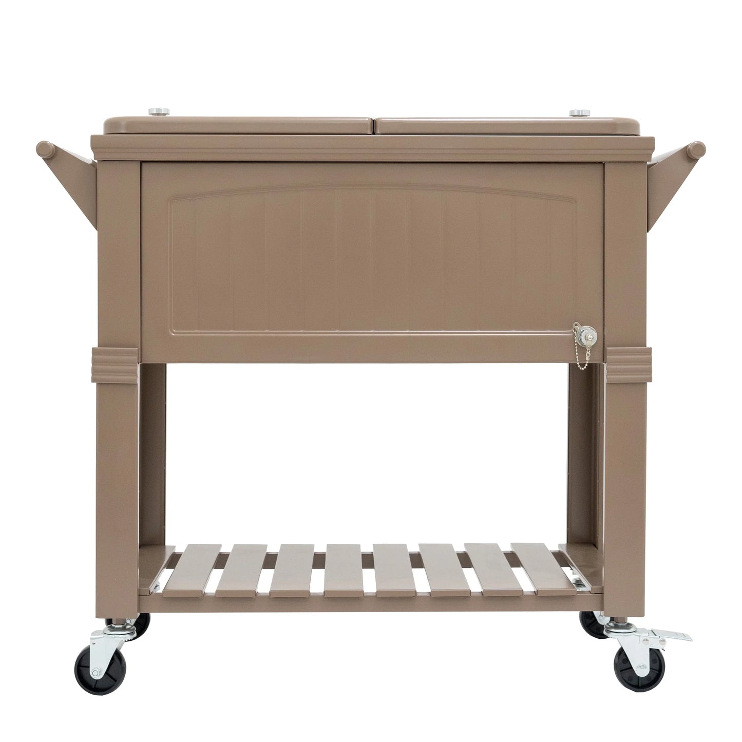Permasteel 80-Qt Antique Outdoor Steel Patio Cooler on Wheels, Rolling Cooler Cart, Wooden Teak Style, Taupe