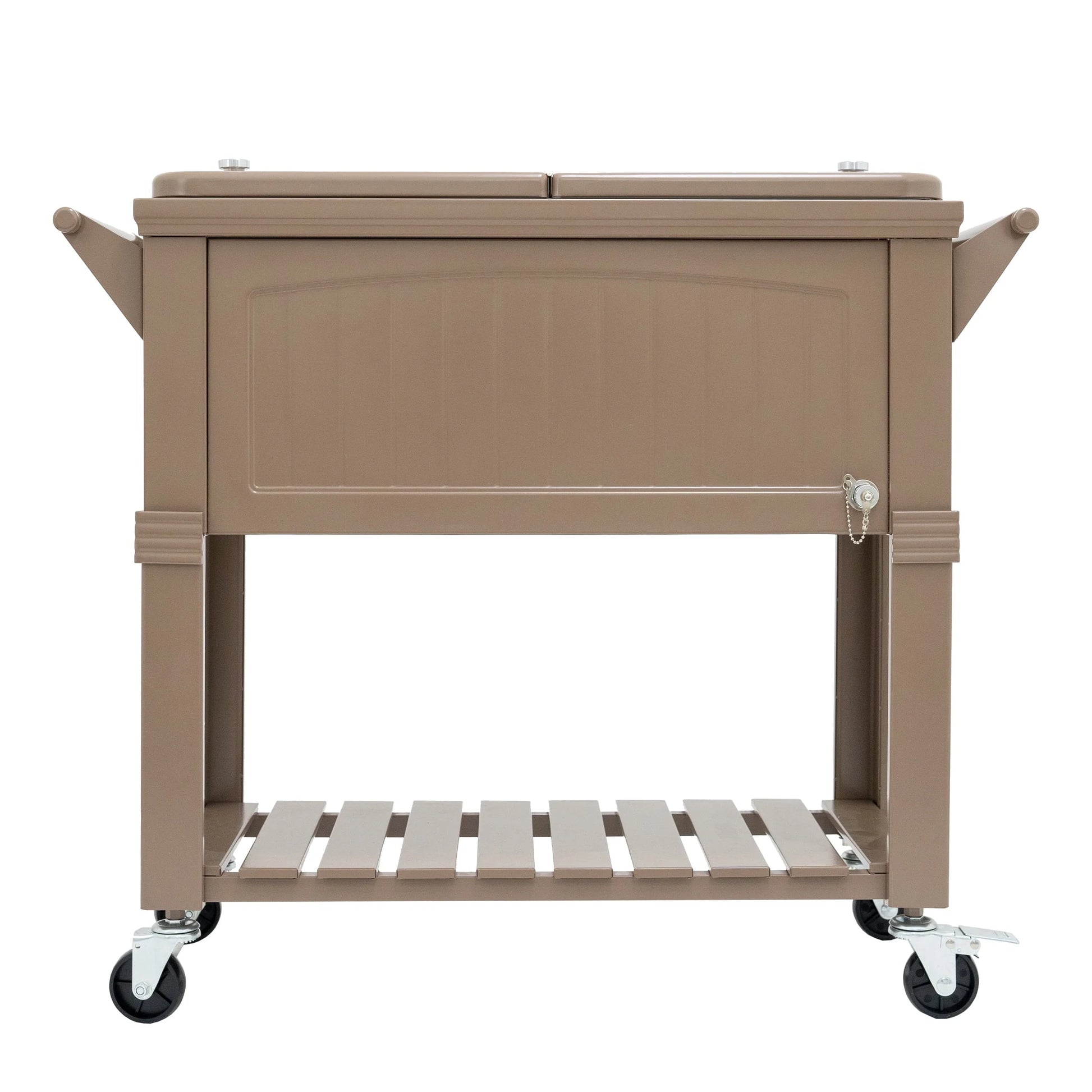 Permasteel 80-Qt Antique Outdoor Steel Patio Cooler on Wheels, Rolling Cooler Cart, Wooden Teak Style, Taupe