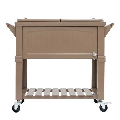 Permasteel 80-Qt Antique Outdoor Steel Patio Cooler on Wheels, Rolling Cooler Cart, Wooden Teak Style, Taupe