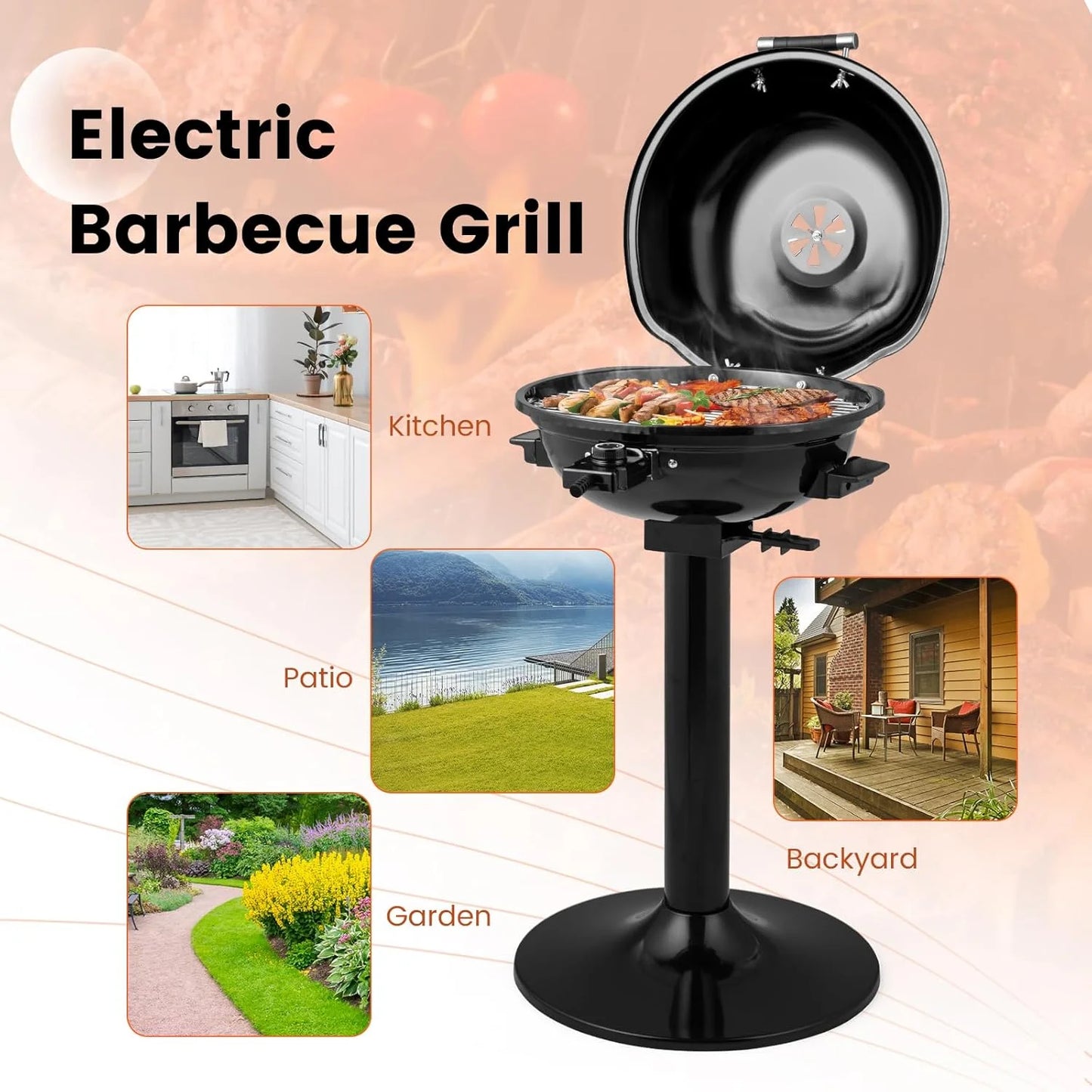 1600W Electric Grill Outdoor, 15-Serving Freestanding Camping Grill with Warming Rack, Removable Oil Drip Tray, Adjustable Temperature Control, Portable BBQ Grill for Patio, Backyard (Black)