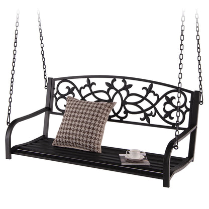 Gymax Patio Hanging Porch Swing 2-Person Outdoor Metal Swing Bench Chair w/Chains Brown