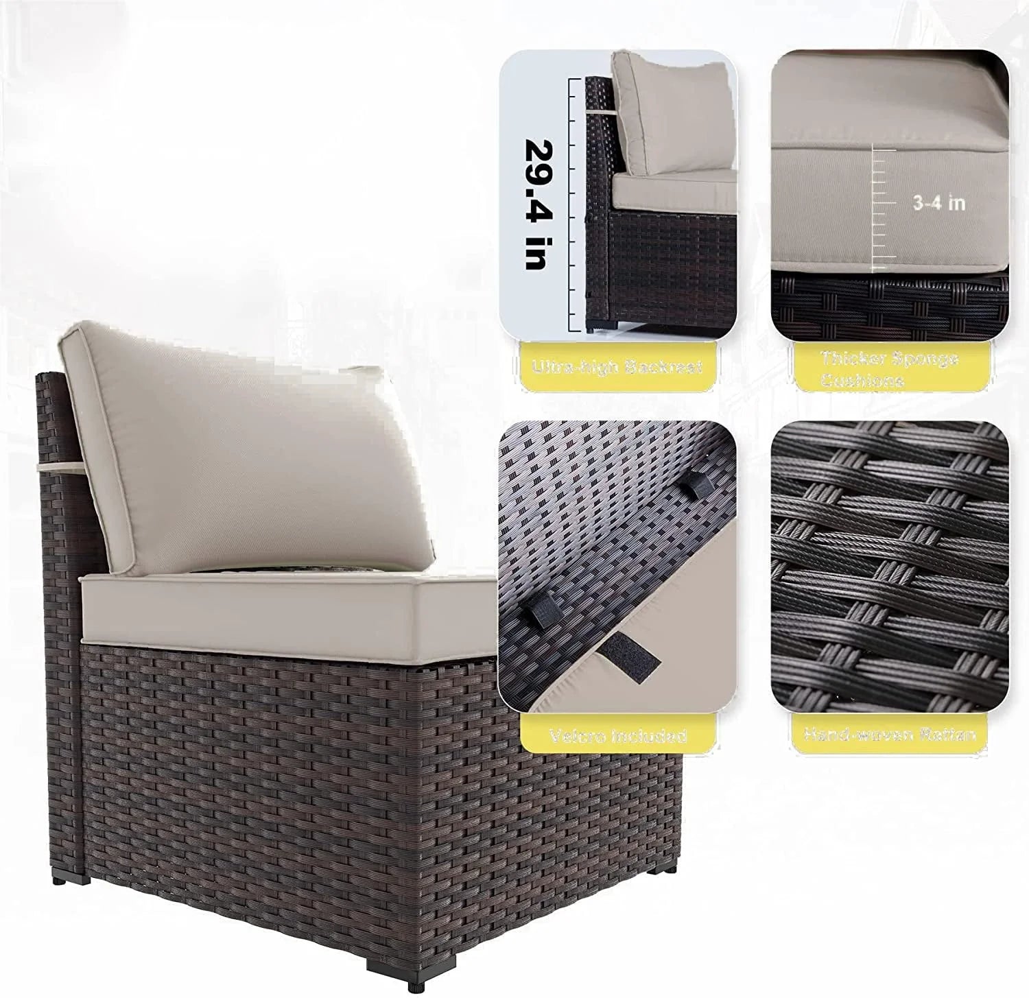 Grezone 6 Pieces Patio Outdoor Furniture Sets All Weather Wicker Sectional Sofa Couch Lawn Sectional Furniture with Washable Couch Cushions and Black glass Wicker Table (Cream)