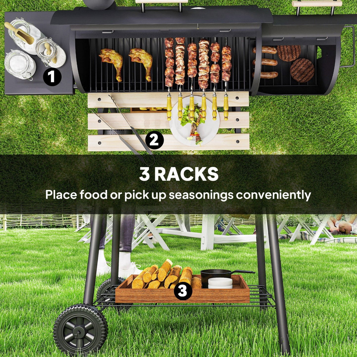 BNDFTF Black Multifunctional Charcoal Grill, Offset Smoker & BBQ Combo, with Front/Side Shelves, Lid Thermometer & Wooden Heat-Resistant Handles, for Outdoor Patio