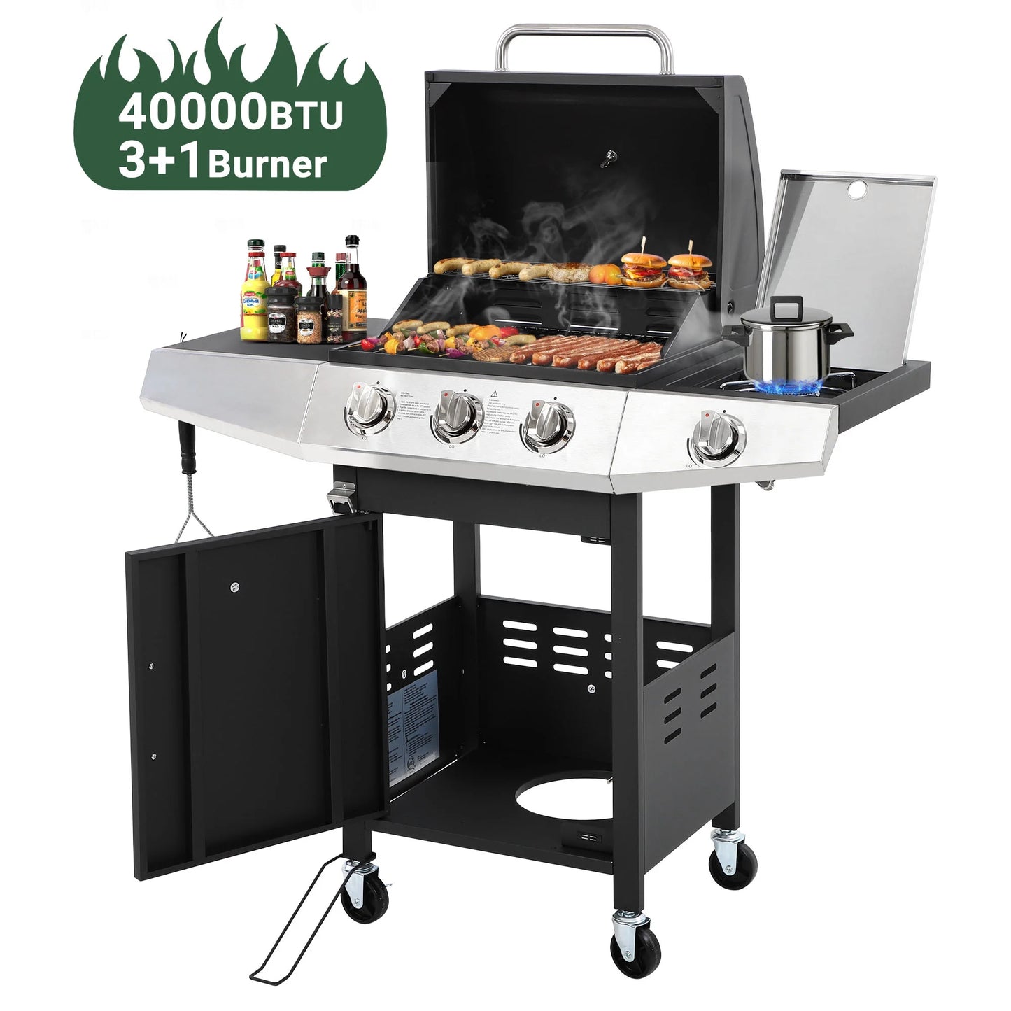 40000 BTU Propane Gas Grill, 3 Burner Barbecue Grill with Side Burner, Built-in Thermometer and 2-in-1 Side Table, Portable Stainless Steel Grill for Outdoor BBQ, Camping, Patio