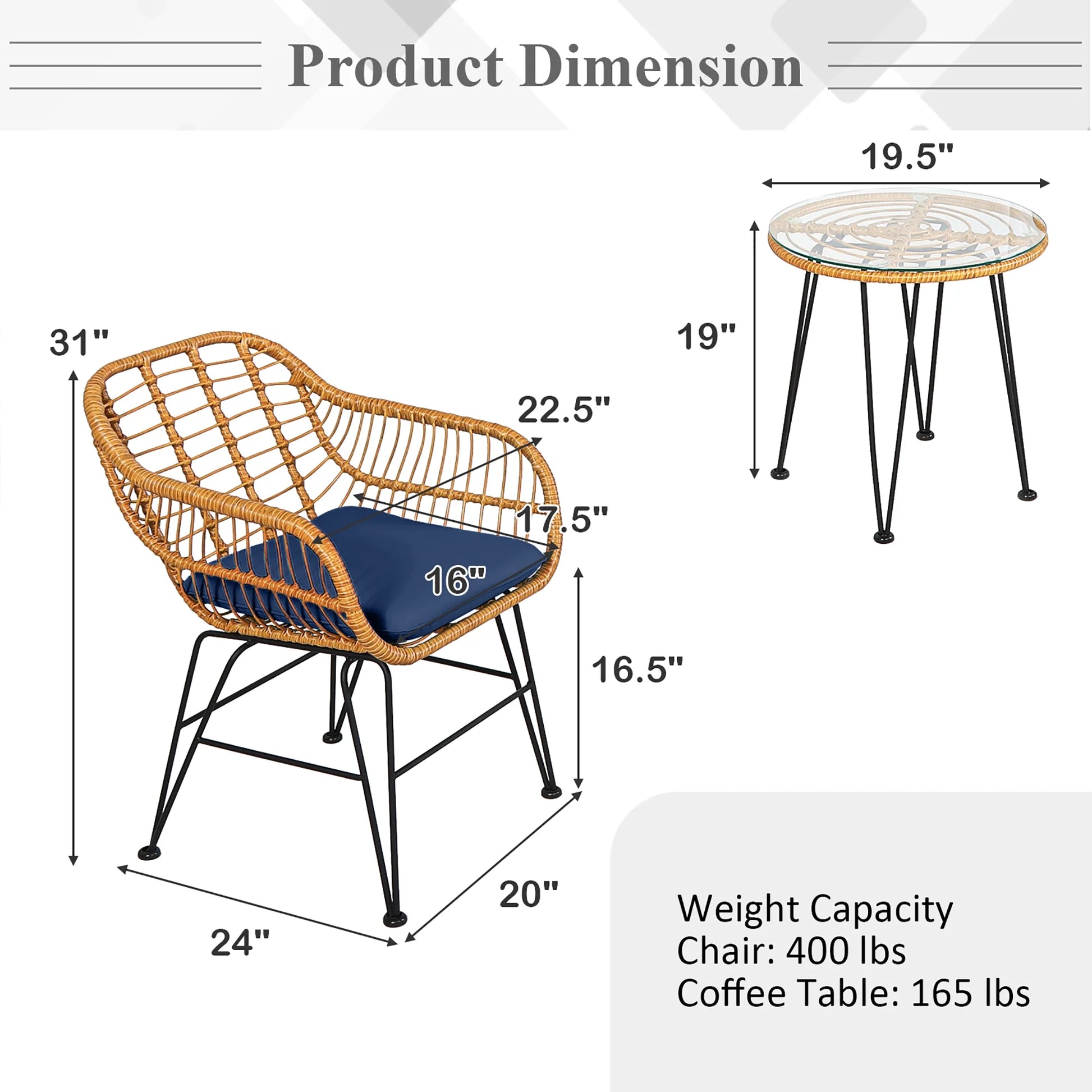 Costway 3PCS Patio Rattan Bistro Furniture Set Cushioned Chair Table Navy