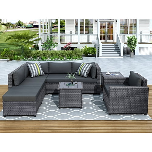 7 Piece Rattan Sectional Sofa Set, Outdoor Conversation Set, All-Weather Wicker Sectional Seating Group with Cushions & Coffee Table, Morden Furniture Couch Set for Patio Deck Garden Pool, K2774