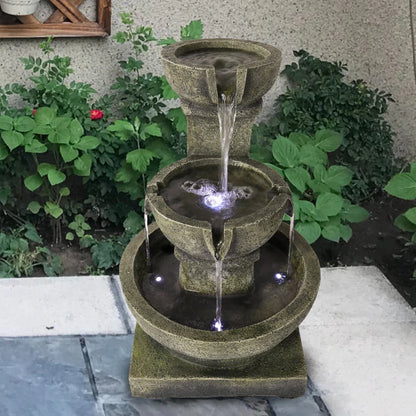 Willwolf 3-Tiered Water Fountain with Flat Bottom,Outdoor Fountain with LED Lights,Modern Fountain for Garden Porch and Patio,Resin Waterfall Fountain